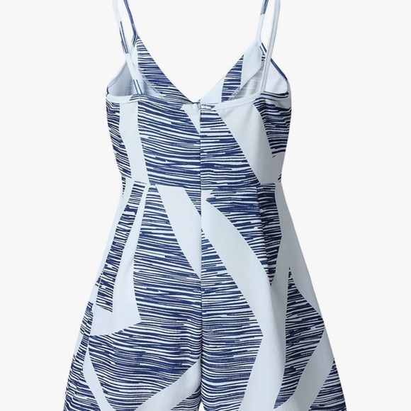 Blue and White Mini Romper with Plunge Neckline - Picture 3 of 4